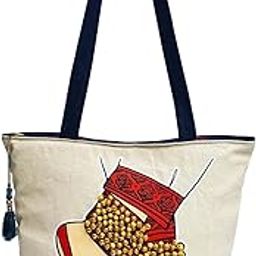 Hand-Printed Tote Bag with Classical Design–Reusable, Zipper Closure For Women & Girls-5