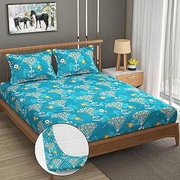 Real Dream Waterproof Printed Bedsheet for Double Bed, Elastic Fitted Cotton bedsheets King Size, Waterproof Bedsheet As Mattress Protector with 2 Pillow Covers 72 x 78 x 8 Inches (Flower-Blue)-picture-13