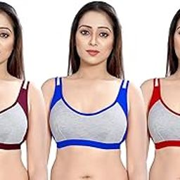 Women Cotton Blend Comfortable Slip Fit Non Padded Seamless Wire Free Sports Bra | Stylish Women, Girls Full Coverage Lightly Non Padded Sports Bra (Pack of 3)-14