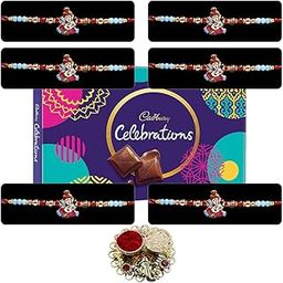 Saugat Traders Ganesh Ji Set of 6 Rakhi for Brothers with Chocolate Gift Box - OM Ganesha Rakhi - Rudraksha Rakhi Combo Pack with Roli Chawal Chopra-image-6