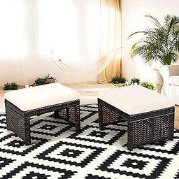 MJA FURNITURE Outdoor Ottoman for Sofa, Dressing Table | 2-Piece PE Rattan Wicker Footstools with Cream Waterproof Cushions, 49.5 x 39.4 x 28 cm | Patio Ottoman-image-93