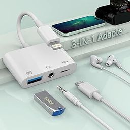 【Apple MFi Certified】 3-in-1 Lightning to 3.5mm Jack Headphone+Charge+Camera Adapter,USB to iPhone OTG Audio Aux Adapter Connect Flash Drive/Card Reader/Mouse/Keyboard/Earphone for iPhone 14 13 12 11-6