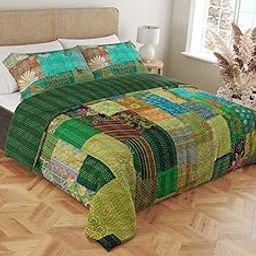 Silk Patchwork Kantha Quilt, Single Double Bedspread, Quilted Coverlet Throw Blanket (Green, Baby)-image-43