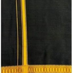 KAKUMANU Men's Pure Black Cotton Lungi (2 Meters) Free Size Thin Gold Boarder (Pack of 1)-11