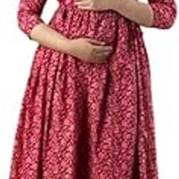 Maternity Floral Print Cotton Midi Dress, Pink with Flowers, 3/4 Sleeves, Empire Waist (in, Alpha, L, Pink)-image-56