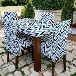 FASSCETE Cotton Furniture Cover Set of 4 for Dining Table, Stretchable Fabric, Elastic Dining Chair Covers, 1 Table Cover with 4 Chair Covers (Zigzag Aqua)-image-4