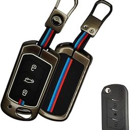 KEY COVER HOUSE Metal Striped Key Cover and Key Chain Compatible for Mahindra Thar, Bolero, Scorpio, XUV700, XUV400, XUV3x0, XUV300, TUV300, Marazzo 3 Button Flip Key-image-2