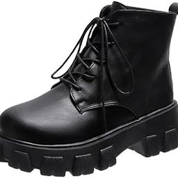 Women's High Ankle Boots, Black Synthetic Leather, Lace-up, Platform Chunky Sole-image-22