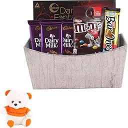 SFU E Com Chocolate Gift Hamper With Beautiful Silver Basket | Valentine Love Teddy Bear With Chocolate Combo | Valentine Chocolate Hamper | 898-13