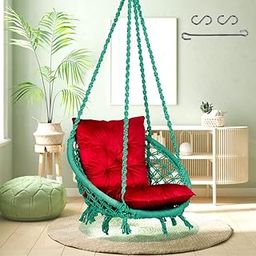 Patiofy Round Cotton Home Swing for Adults & Kids/Jhula Swing for Balcony,Indoor,Outdoor/Capacity Upto 120Kg/Includes Free Hanging Kit & Red L Cushion/Handmade Hammock Hanging Swing Chair (Green)-12