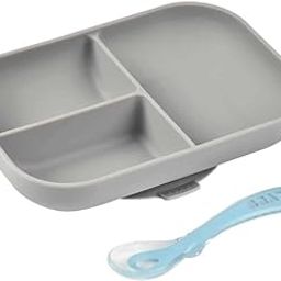 Beaba Baby Plate - Silicone Divided Plate with Suction Cup + Silicone Spoon - Sticks to Table and Highchair Tray, Food Grade Durable Silicone, Microwave Safe, Ergonomic Design, BPA Free, 4m+, Grey-image-26