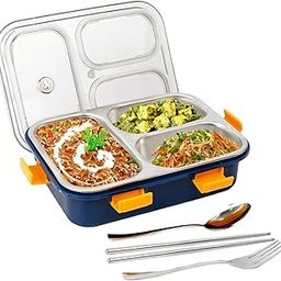 eErlik Lunch Box 3 Compartment Leak-Proof BPA Free Stainless Steel for School, Lunch Box for School & Office with a Fork, a Spoon and a Pair of Chopsticks (3 Compartment, Blue)-picture-30