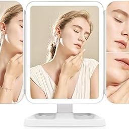 Auxmir Make-up Mirror with Lighting, 2000 mAh Rechargeable Cosmetic Mirror with 1X/2X/3X Magnification, Table Mirror with 3 Light Colours and Touch Switch, Folding Shaving Mirror, White-23