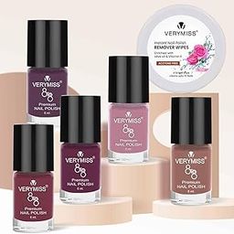 Verymiss 5 Trending Nail Polish Combo I Long Lasting I Vegan I Easy Application I Mini Nail Kit I Quick Dry & Cruelty-Free I Nail Paint of 6ml x 5 + Free Nail Polish Remover Wipes (VMNYK02)-image-43
