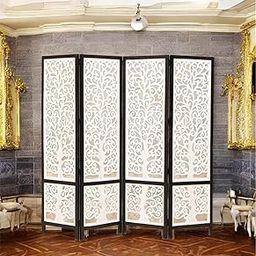 4 Panel Wooden Room Divider,Bedroom Decorative Items,Dress Trailing Partition for Shop,Foldable Room Divider Wall for Mandir,Living Room,Kashmiri Partition[ 6 Foot, 4 Panel, White ] (4)-image-53
