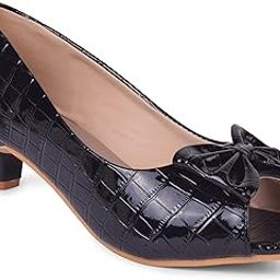 Women's Patent Peep-Toe Heels | Textured Glossy Finish with Bow Design | Trendy and Comfortable Kitten Heel Pumps For Girls & Women-image-7