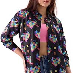 Tetris Heart Women and Girls Long Sleeves Collared Neck Button Front All Over Printed Polyester Regular Fit Shirts-32