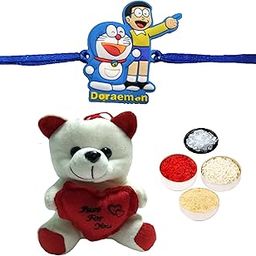 Velour Gifts Combo of Cartoon Doremon Rakhi with Soft Toy, Roli Chawal and Personal Message for Brother-image-9