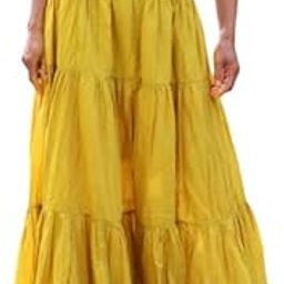 Women's Yellow Cotton Tiered Maxi Skirt, Elastic Waistband, Floor Length-image-8