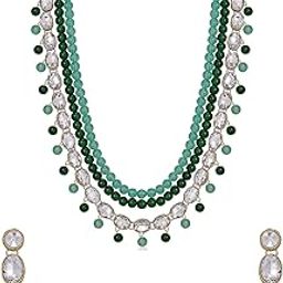 Traditional Gold Plated Green & White AD Stone Studded Multi Layered Long Necklace Set with Dangler Earrings | Jewellery Set for Women (NS104787)-17