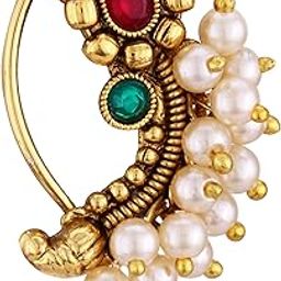Vighnaharta Gold Plated Pearls (Moti) with CZ stone Alloy Maharashtrian Cultural Nath Nathiya./ Nose Pin for women[VFJ1256NTH-PRESS-38