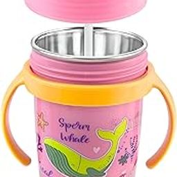 OWLSTONE EXIM LLP Hot & Cold Insulated Stainless Steel Double Walled 360ml BPA-Free Sippy Cup Anti-Spill Soft Silicone Spout Baby Sipper Water Bottle with Straw and Side Handle (Pink)-24