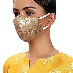 By Q-One 4 Layer Washable, Reusable, Size Adjustable, Anti-Bacterial (BFE>99%) Embroidered Satin Cloth Face Mask Combo for Women, Girls ​with Detachable Chain & Mask Bag (Gold, Medium, Pack of 1)-image-6