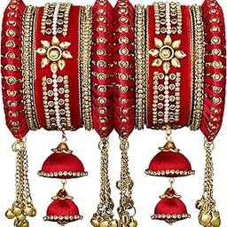 Velvet Matching Kundan Floral Silk Thread Chura Bangle Set for Women Girls 2.6 inch Red-image-43