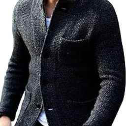 Men's Blazer Collar Long Sleeve Button Knit Cardigan Casual Open Front Sweater with Pockets-image-44