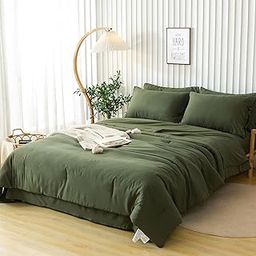 COTTEBED Ultra-Soft California King Comforter Sets with Sheets - 7 Pieces BED IN A BAG Comfy Farmhouse Boho Washed PolyCotton Comforter Bedding Fitted Sheet Set Pillow Case All Season Dark Olive Green-2