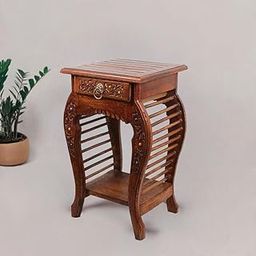 Wooden Stool-Natural Wood Antique Look Side Table with Drawer for Living Room (Brown, 14 x 14 x 21 inch) - Rustic Accent Furniture-picture-13