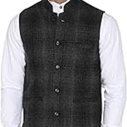Men's Black Grey Checkered Wool Bandhgala Ethnic Nehru Jacket-picture-15