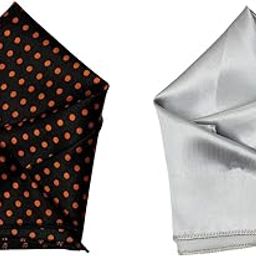 Set of 2 Satin Pocket Squares for Men – Black with Orange Polka Dots & Silver – Formal Suit Handkerchiefs-10