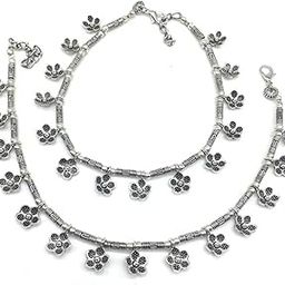 German Antique Oxidised Silver Plated Metal Alloy Traditional Indian Style Anklets Payal/Pazeb Pair for Women Flower-image-34