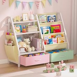 Twinkoo Sturdy Kids Bookshelf, Children Display Rack, 3 Sling Bookshelf and 2 Storage Boxes for Books and Toys Organizer-image-81
