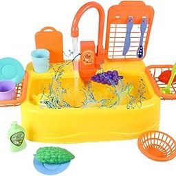 Vikrida Kitchen Set for Girls | Kids Play Electronic Wash Basin Sink with Live Running Water | Pretend Role Play Kitchen Toys Set - Yellow-image-1