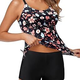 Strappy Tankini Swimsuits for Women with Shorts Drawstring Bathing Suits Two Piece Floral Print Swimwear, Black Floral, Medium-picture-15