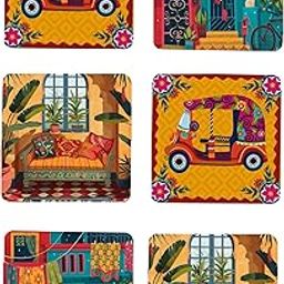 TAJNAN Indian Art Printed Coaster Set of 6 Beautiful Wooden Coasters with Plastic Coating Proper Coaster Stand Designer Coaster (taj-Coaster-auto-h)-19