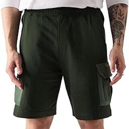 Dark Olive Men Regular Fit Solid Cotton and Polyester Utility Shorts-image-5