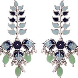 Silver Oxidised Leaves Shape Multicolor Long Drop Earrings for Women and Girls-image-33