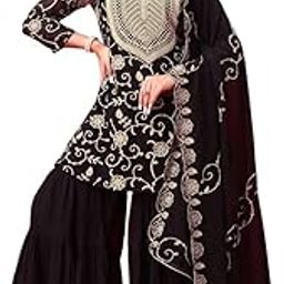 Women's Georgette Embroidered Straight Kurti with Sharara & Dupatta Set-image-28