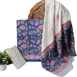 Woman's & Girls Pure Cotton Handblock Floral Print Unstitched Suit (WhIte Blue)-picture-21