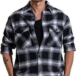 Mens Shirt | Checkered Design with Flap Pockets | Polyester Blend Fabric & Relaxed Fit | Casual Wear with Spread Collar & Button Cuffs-image-58