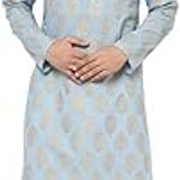 Men's Kurta Churidar Set, Blue Cotton Blend, Foil Print Regular Fit Mandarin Collar Long Sleeves-image-22