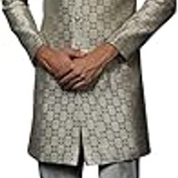 kisah Men's Grey Sherwani Churidar Set Indo-Western, Cotton Full Sleaves, Knee Length, Straight, Regular Fit, Mandarin Collar Ethnic wear-picture-17