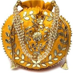 FURRFAB Combo of 2 Potali Embroidered Evening Bag with Pearls and Beads, Yellow And Potali Embroidered Beads Earrings Bag for Women, Gold-image-31
