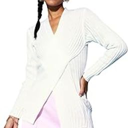 Women Solid V-Neck Wrap-Front Acrylic Ribbed Hem Regular Sweater-image-40