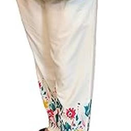 Women's Rayon Cream Floral Print Pants, Tropical Design with Flowers, with 2 Pockets, High Rise-image-95