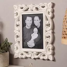 Duadecor Wooden H& Carved Photo Frame for Wall Mounted & Tabletops Display - 27L x 22W Centimeter Picture Frame - Wood Carving Decorative Home Decor Accessories Distressed Finish (White)Rectangular-image-61
