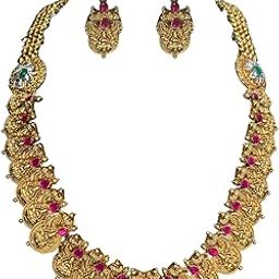 Women's Gold Plated Coin Necklace with Earrings | Traditional South Indian Design | Intricate Bridal Micro PlatedJewelry Set | Perfect for Weddings, Bridal, & Festivals (Gold) Kasimala coin chain harram kasimalai with Goddess design onam-11